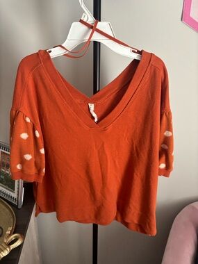Anthropologie V-Neck Polka Dot Sleeve Knit Top - Orange